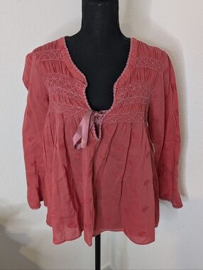 Odd Molly I Speak Heart Peasant Blouse Pink Embroidered Smocked Tie Neck